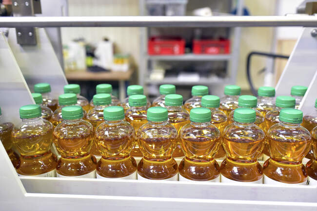 Завод яблочных соков, розлив в бутылки, яблочный сок — стоковое фото