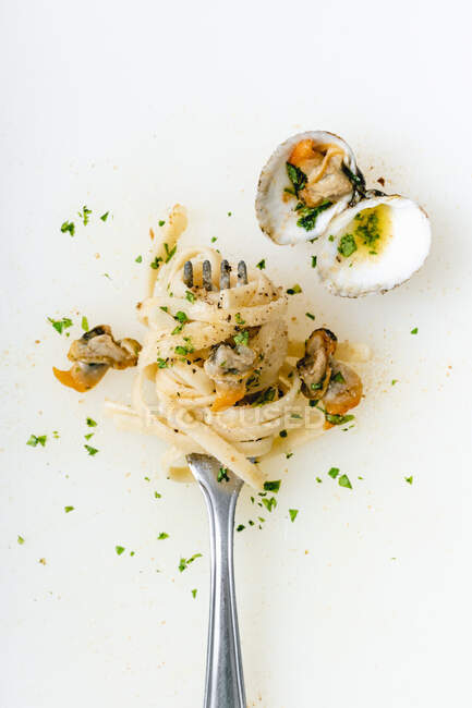 Vista ad alto angolo di vongole e tagliatelle in forchetta su sfondo bianco — Foto stock