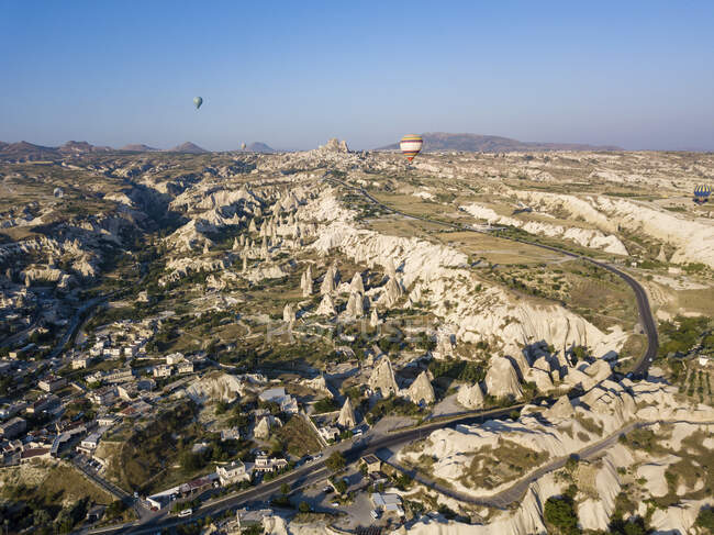 Aerial view of landscape against clear blue sky at Goreme, Cappadocia, Turkey — Stock Photo