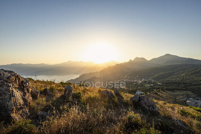 View from Belvedere de Saliccio at sunrise, Piana, Corse-du-Sud, Corsica, France — Stock Photo