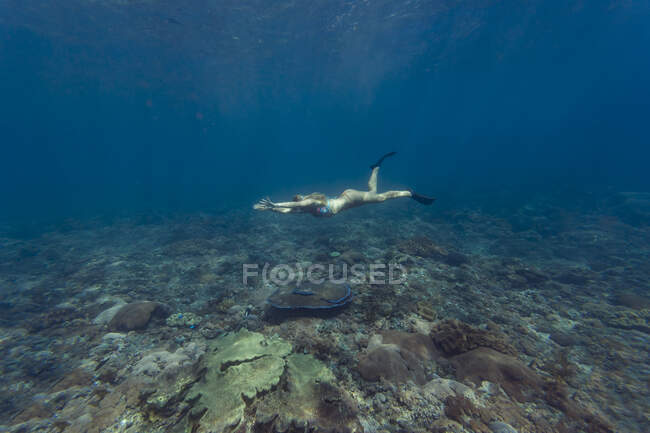 Young woman diving, Nusa Penida island, Bali, Indonesia — Stock Photo