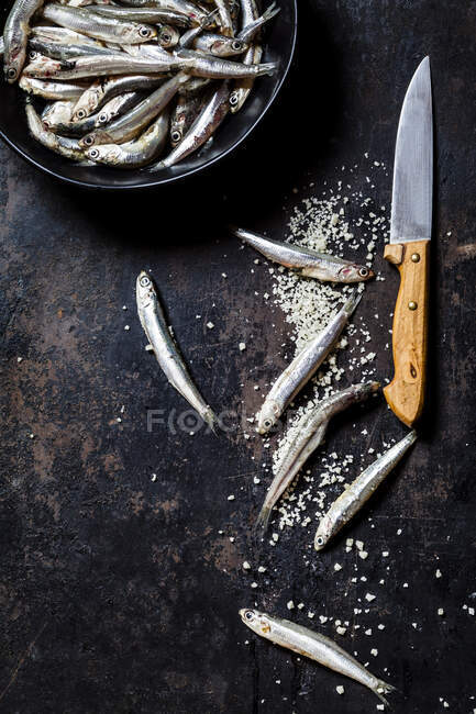 Vue directement au-dessus des anchois frais et du sel de mer avec couteau sur roche d'ardoise — Photo de stock