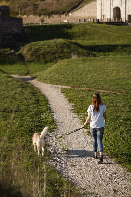 Visão traseira da jovem mulher andando walkies com seu cão — Fotografia de Stock