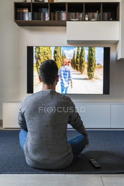 Vista trasera del hombre sentado en el suelo en casa viendo la televisión - foto de stock