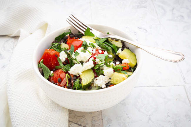 Bowl of salad with beluga lentils, tomatoes, paprika, zucchini, feta cheese, mint and parsley — Stock Photo