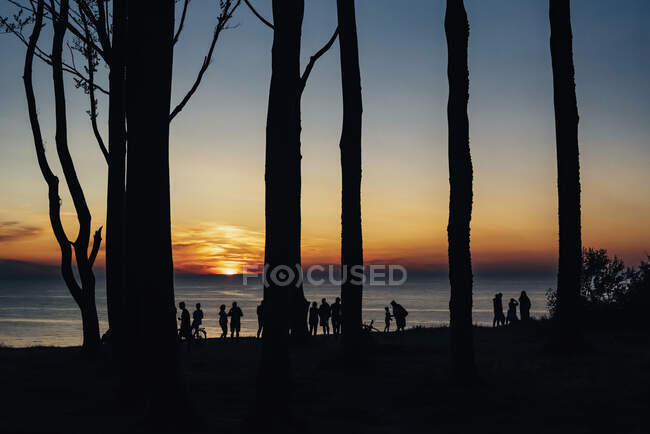 Silhouette persone e alberi dal mare contro il cielo durante il tramonto, Polonia — Foto stock