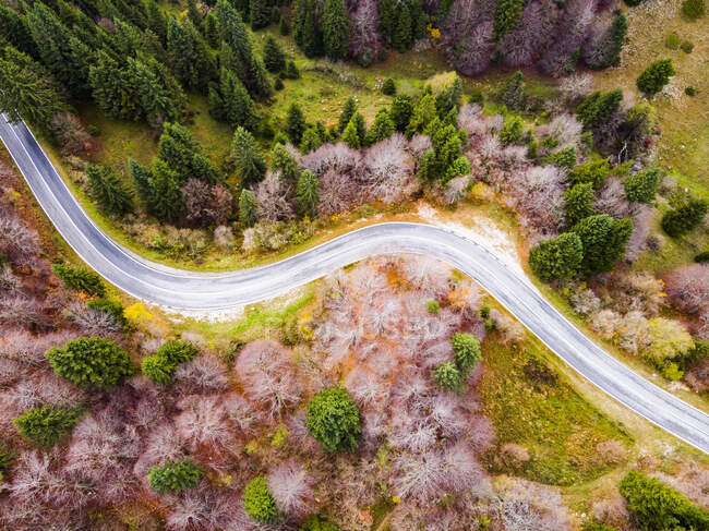 Italia, Trentino, Trento, Veduta aerea dell'autostrada vuota nelle Alpi europee in autunno — Foto stock