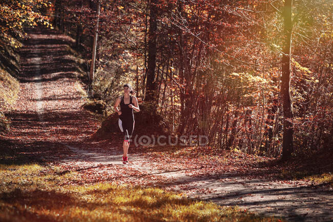Бег женщин в осеннем лесу — стоковое фото