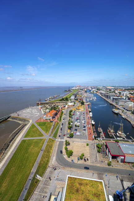 Germany, Bremerhaven, Hafencity, Aerial view of port — Stock Photo