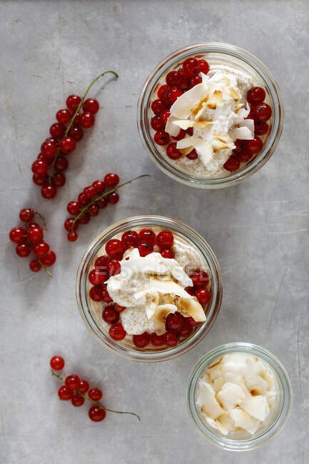 Jars of gluten free amaranth mousse with red currant berries — Stock Photo