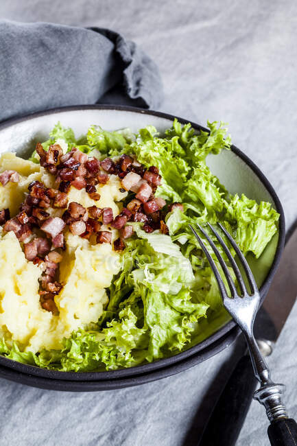Endive with lettuce, bacon cubes and mashed potatoes — Stock Photo