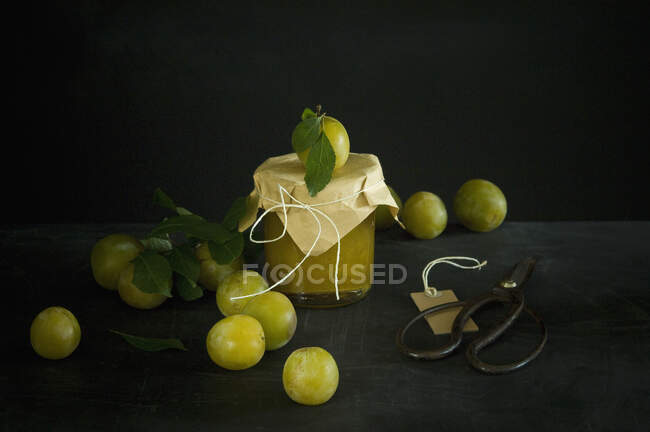 Studio shot of greengages and jar of homemade plum jam — Stock Photo