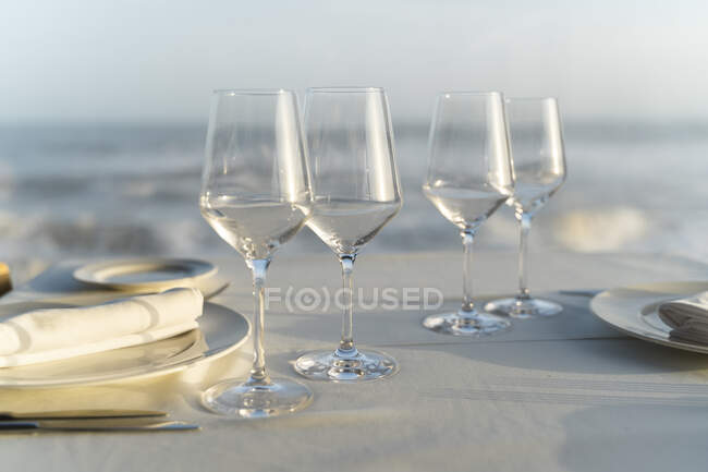Spain, Empty wineglasses on set restaurant table — Stock Photo