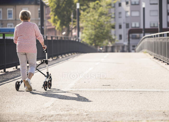 Старшая женщина с инвалидной коляской на пешеходном мосту — стоковое фото