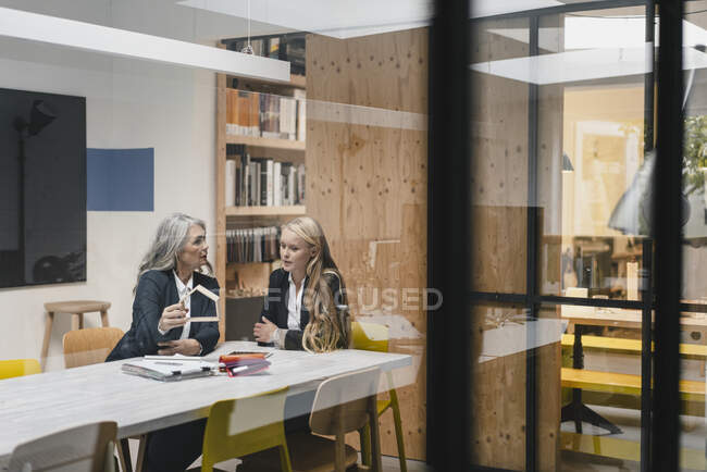 Mature and young businesswoman examining architectural model in loft office — Stock Photo