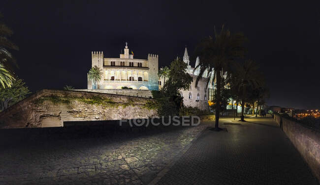 Espagne, Îles Baléares, Palma de Majorque, Cathédrale Santa Maria de Palma illuminée la nuit — Photo de stock