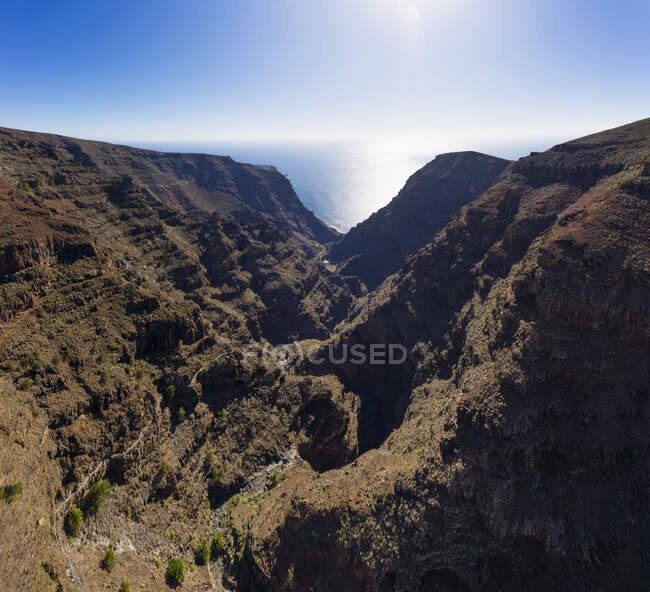 Spanien, Kanarische Inseln, La Gomera, Valle Gran Rey, Luftaufnahme der Schlucht von Barranco de Argaga — Stockfoto