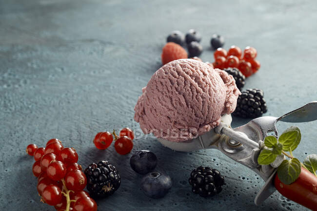 Крем з малинового морозива на соусі і свіжих фруктах. — стокове фото