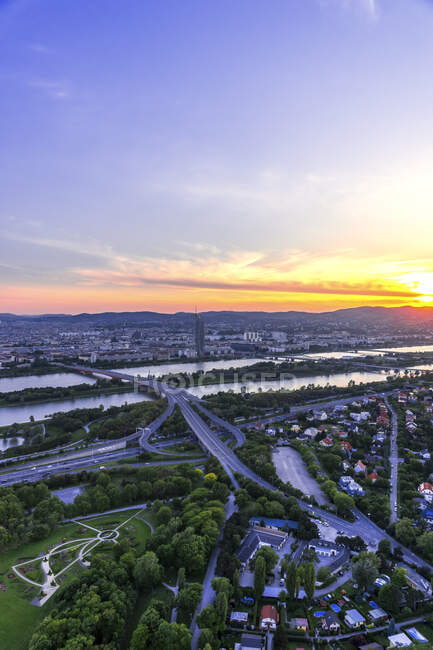 Austria, Vienna, Cityscape seen form Danube Tower at sunset — Stock Photo