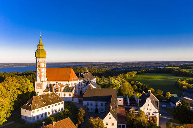 Germany, Bavaria, Upper Bavaria, Pfaffenwinkel, Ammersee, Andechs Abbey at sunrise — Stock Photo