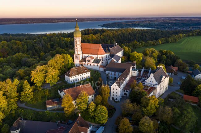 Germany, Bavaria, Upper Bavaria, Pfaffenwinkel, Ammersee, Andechs Abbey at sunrise — Stock Photo
