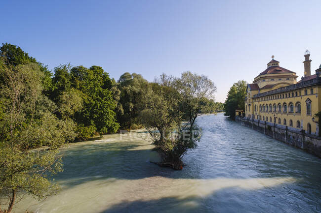 Germany, Upper Bavaria, Munich, Isar river andMullersches Volksbad — Stock Photo