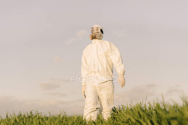 Hombre con traje protector y máscara en un campo - foto de stock