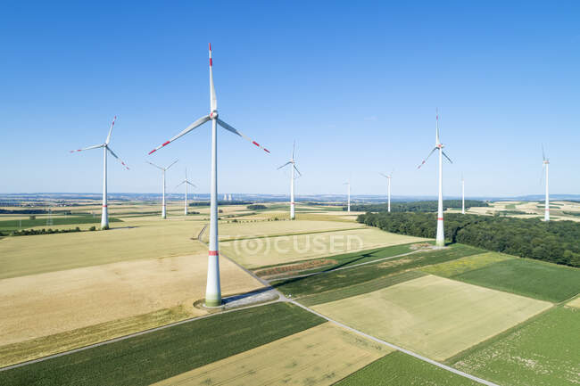 Germany, Bavaria, Drone view of countryside wind farm in summer — Stock Photo