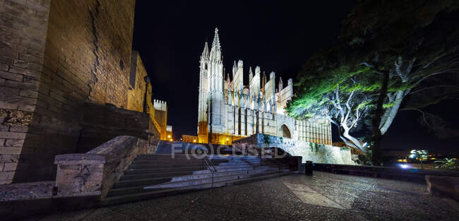 Espanha, Ilhas Baleares, Palma de Maiorca, Catedral de Santa Maria de Palma iluminada à noite — Fotografia de Stock