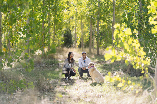 Una coppia che gioca con il cane in un parco — Foto stock