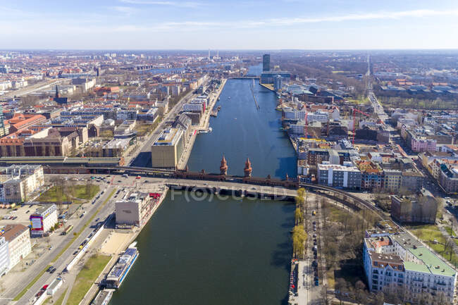 High angle view of Oberbaumbruecke Bridge over river in city — Stock Photo