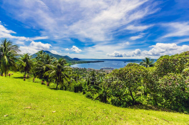 Papouasie-Nouvelle-Guinée, Province de l'Est de la Nouvelle-Bretagne, Rabaul, Nuages sur les palmiers poussant sur la colline verte de l'île de la Nouvelle-Bretagne — Photo de stock