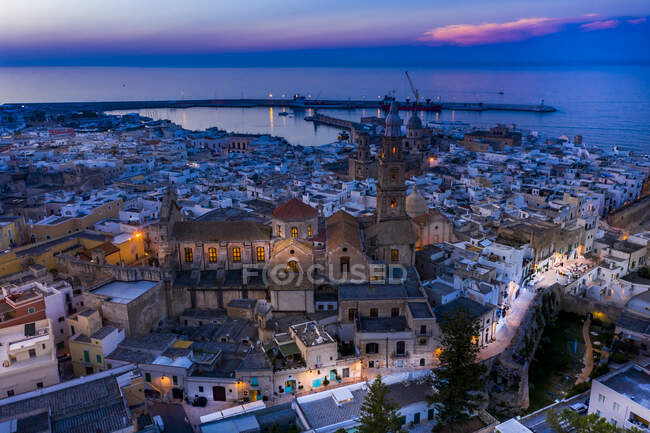 Italia, Puglia, Monopoli, Veduta aerea del mare e del centro storico al tramonto — Foto stock