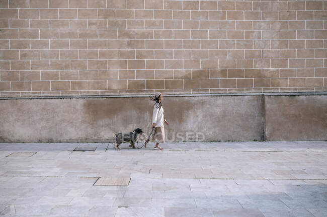 Молодая женщина гуляет со своей собакой в городе — стоковое фото
