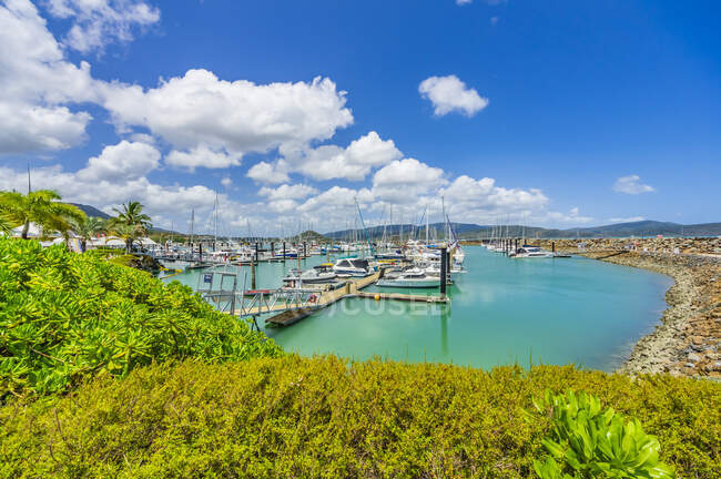Австралия, Квинсленд, Эйрли-Бич, Летние облака над лодками, пришвартованными в гавани прибрежного города — стоковое фото