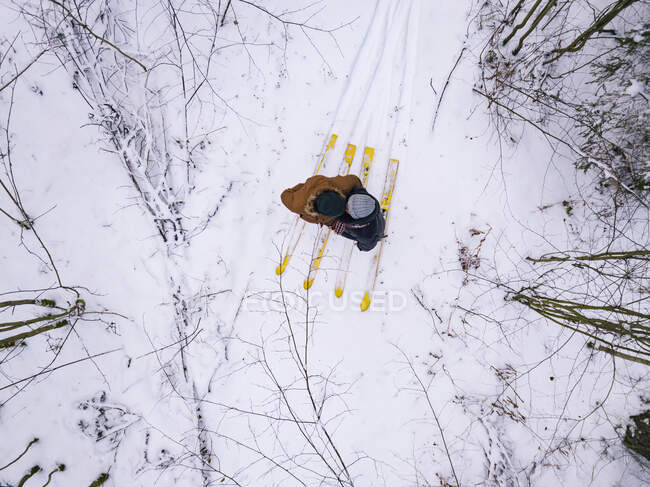 Vista aerea di coppia con sci nella foresta, regione di Leningrado, Russia — Foto stock
