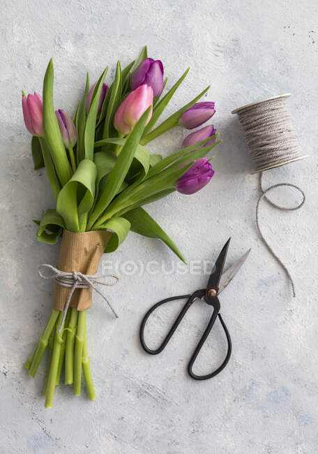 Par de tijeras, carrete de cuerda y ramo de tulipanes florecientes púrpura - foto de stock