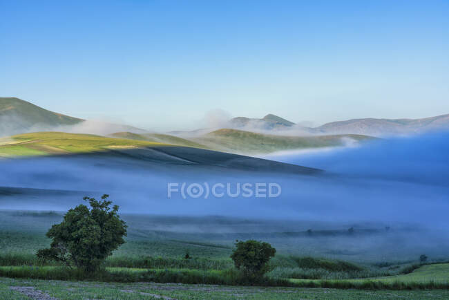 Italia, Umbria, catena montuosa dei Sibillini, Piano Grande di Castelluccio di Norcia all'alba — Foto stock