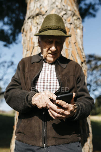 Vecchio utilizzando smartphone, appoggiato sul tronco d'albero — Foto stock