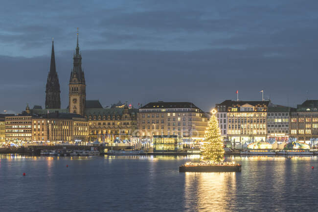 Alemanha, Hamburgo, Árvore de Alstertanne iluminada ao entardecer com passeio de Jungfernstieg e Igreja de São Nicolau em segundo plano — Fotografia de Stock