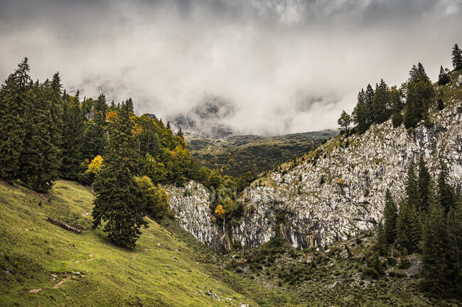 Sendero de senderismo ante montañas cubiertas de nubes, Kitzbuehel, montañas Kaiser, Tirol, Austria - foto de stock