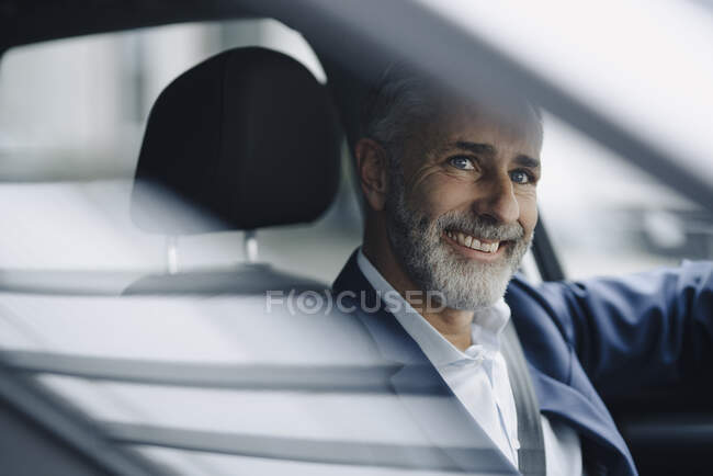 Retrato de homem de negócios maduro sorridente em seu carro — Fotografia de Stock