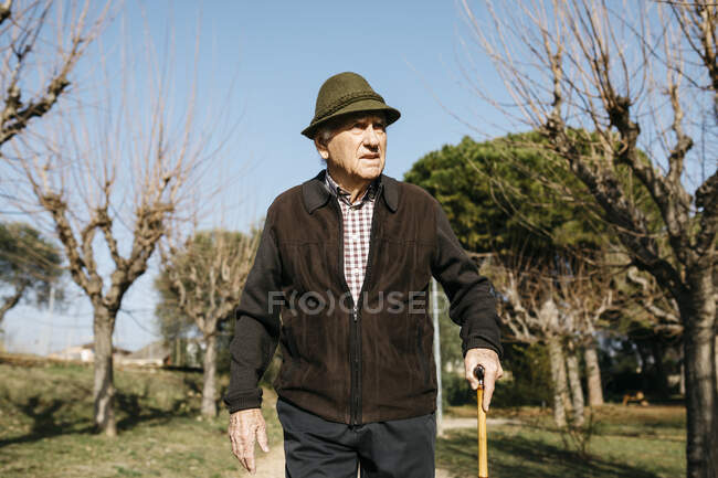Старий, що ходить у зимовому парку, спираючись на свою вуаль. — стокове фото