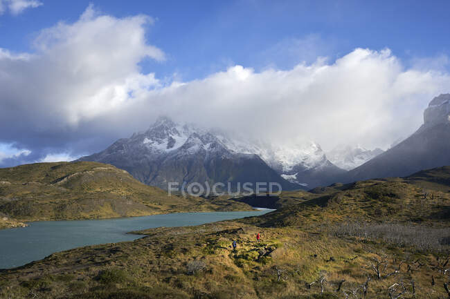 Chile, Provincia de Ultima Esperanza, Nubes sobre lago y bosque muerto en Parque Nacional Torres del Paine - foto de stock