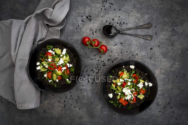 Beluga lentils with tomatoes, peppers, zucchini, feta, mint and parsley — Stock Photo