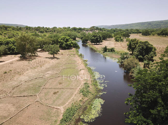 Burkina Faso, Aerial view of landscape with Komoe River and fields — Stock Photo