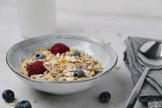 Bowl of granola with blueberries and raspberries — Stock Photo