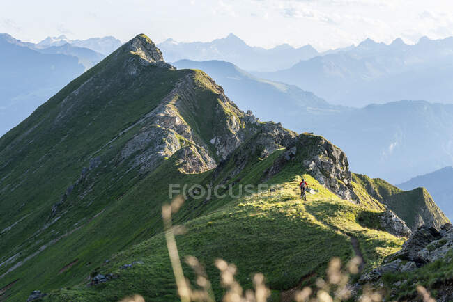 Biciclista de montanha em um caminho em um cume, Grisons, Suíça — Fotografia de Stock