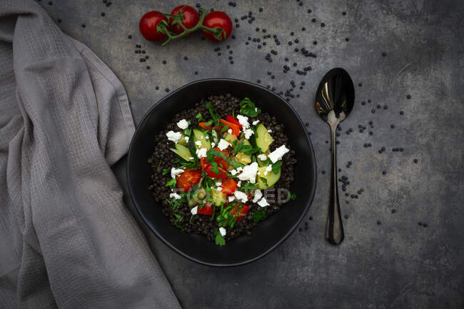 Beluga lentils with tomatoes, peppers, zucchini, feta, mint and parsley — Stock Photo