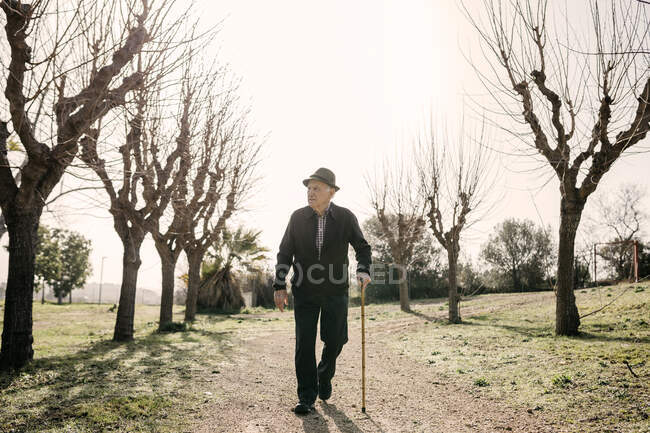 Viejo caminando en el parque de invierno, apoyado en su acné - foto de stock